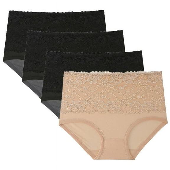 4 Pack Plus Size Womens High Waist Underwear Lace Tummy Control Stretch Panties Butt-Lifting Ladies Briefs Shapewear 2XL
