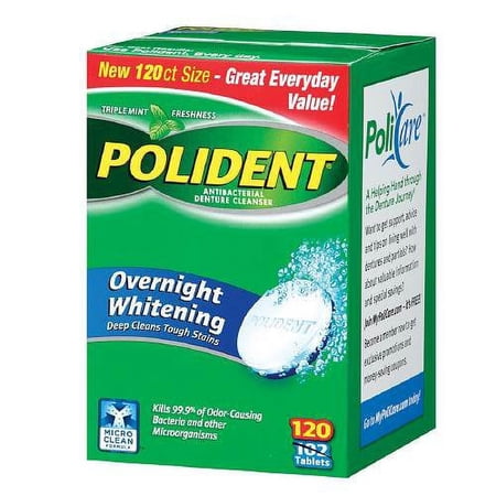 4 Pack Polident Overnight Whitening Antibacterial Denture Cleanser, 120 count Ea