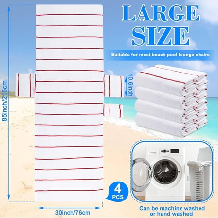 4 Pack Pool Chair Covers Towel Chaise Lounge Cushion Cover with Top and Side Pockets Cotton Oversized Beach Chair Towels for Indoor Outdoor  Sunbathing, 85 x 30 Inch (Red Stripes)