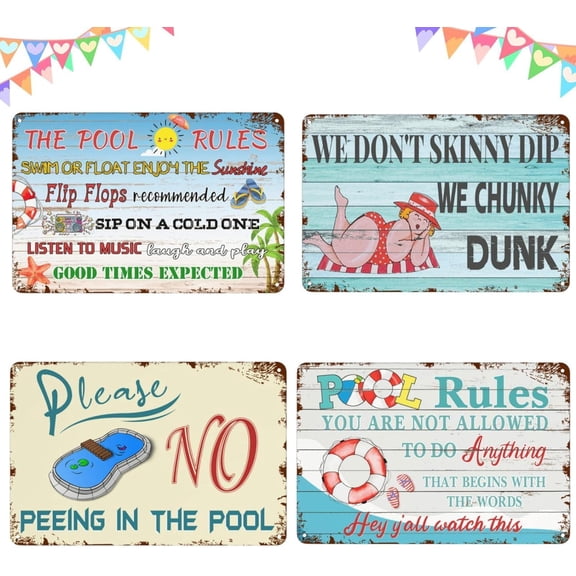 4 Pack Pool Rules Sign - Hot Tub Sign 12"x 8" Pool Sign For Bundle Pool Area Decorations Outdoor, Decor Funny For Swimming Pool Rules Gifts Garage Office Craft Room Living Room