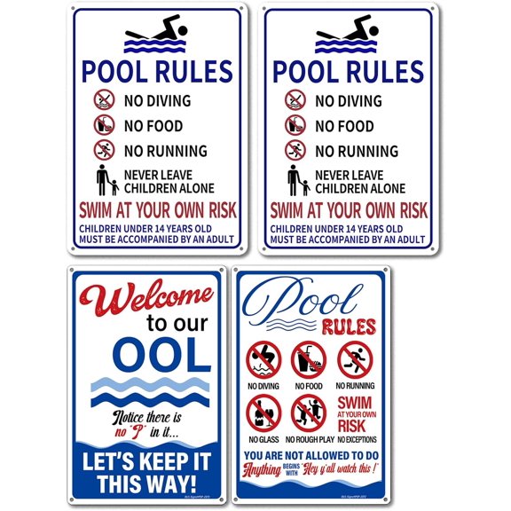 (4 Pack) Pool Safety Signs and Decor for Outdoor, No Lifeguard on Duty Sign Swim at Your Own Risk Sign and Never Leave Children Unattended Safety Signage