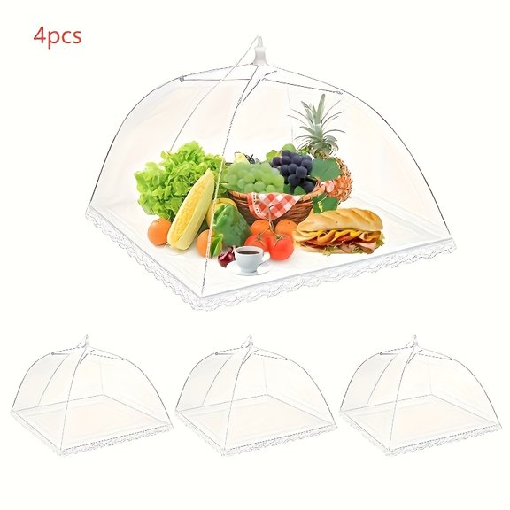 4 Pack PopUp Mesh Food Covers, 18.9 Inch Square Collapsible Food Tents with Lace Edge, Reusable Fly Bug Screen Food Protector for Outdoor Picnic, BBQ, Party, Backyard, Home Kitchen