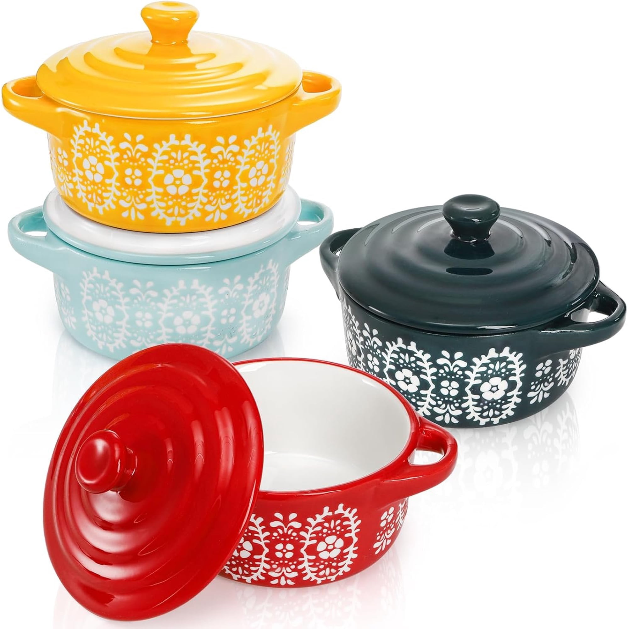 4 Pack Porcelain Ramekins with , 7 OZ Mini Casserole Dish with Handles, Round Ceramic Cocotte Bowl Set, Individual Small Baking Dish for Souffle, Creme Brulee, Lava Cake, Soup (4 Colors)