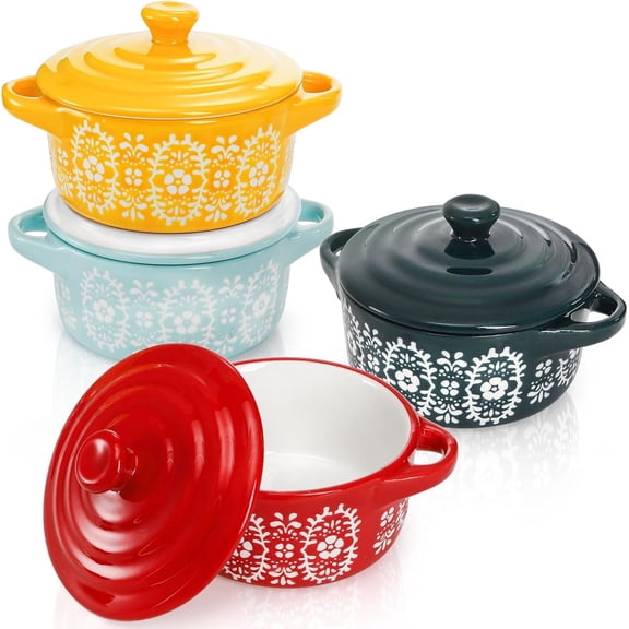 4 Pack Porcelain Ramekins with , 7 OZ Mini Casserole Dish with Handles, Round Ceramic Cocotte Bowl Set, Individual Small Baking Dish for Souffle, Creme Brulee, Lava Cake, Soup (4 Colors)