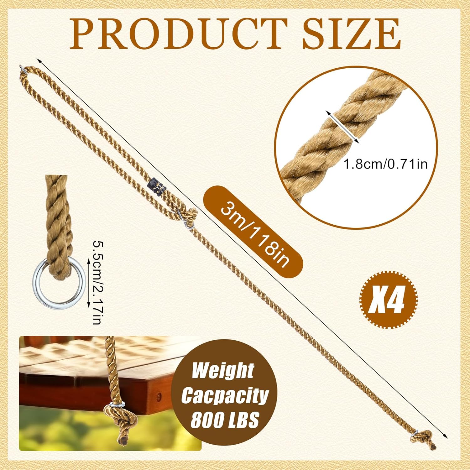 120 Inches Rope 4 Pack Porch Swing Rope Kit Swing Bed Straps Holds 800 Lbs Adjustable ...
