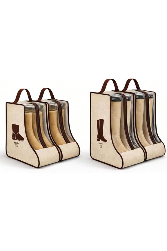 4 Pack Portable Boot Storage Bag,2 Tall & 2 Short Boot Storage Bag with Clear Window, Zipper and Handle, Travel Friendly Shoe Storage for Boots, Closet Organization,Beige
