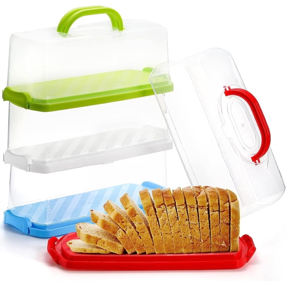 4 Pack Portable Bread Box with Clear Lid, Plastic Loaf Cakes Storage Container with Handle, Rectangular Bread Keeper for Storing Banana Bread, Pumpkin Bread and Quick Breads, 4 Color