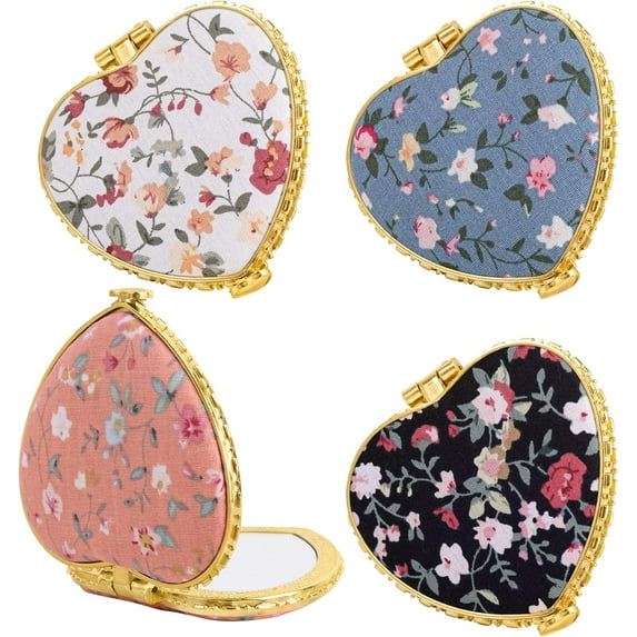 4 Pack Portable Makeup Mirror Retro Floral Small FlowerMirror Small Compact Mirror Pocket Mirror Folding Travel Mirror Double Sided Purse Mirror for Cosmetic Heart for Girls Women (Gold Edge)