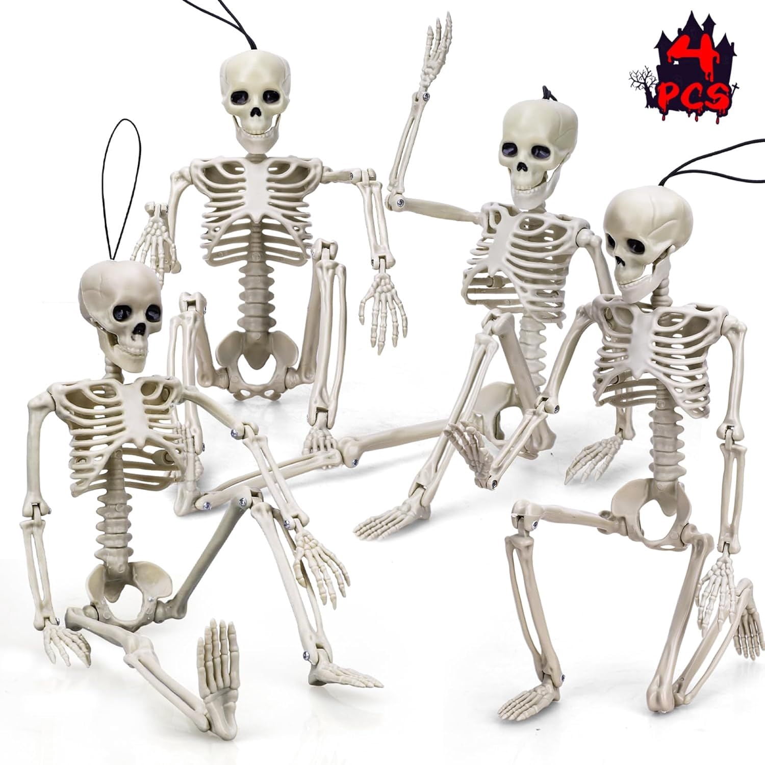 4 Pack Posable Halloween Skeleton Decorations 16 Inch for Indoor Outdoor Yard