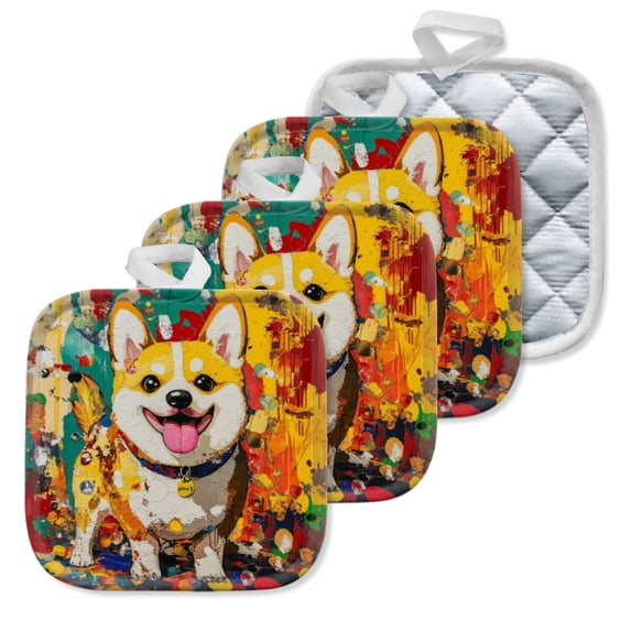 4 Pack Pot Holders,Kitchen Essential, Potholder Set,Adorable Corgi Amidst Colorful Paint Splashes