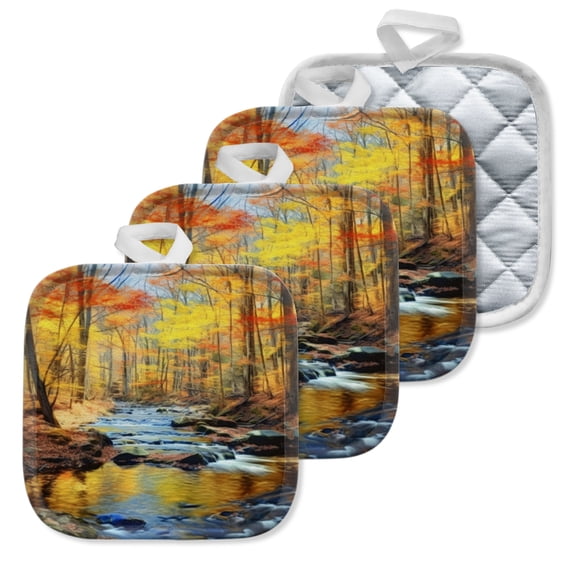 4 Pack Pot Holders,Kitchen Essential, Potholder Set,Autumn Forest With A Flowing Stream