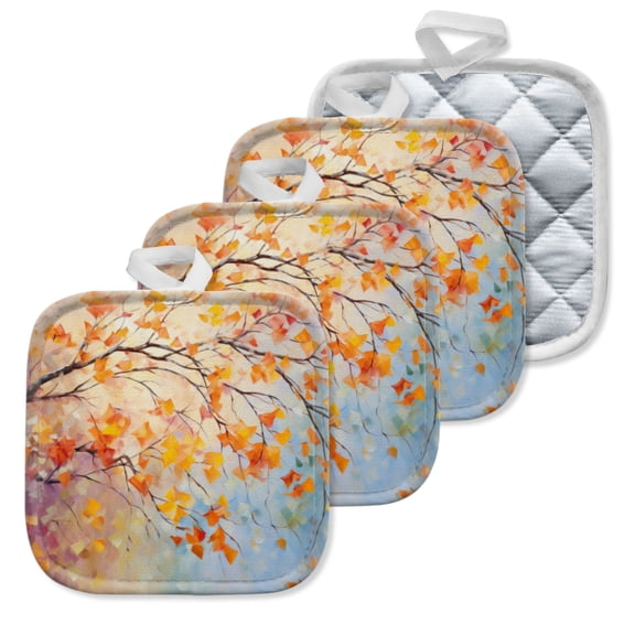 4 Pack Pot Holders,Kitchen Essential, Potholder Set,Autumn Tree Branches With Orange Yellow Leaves