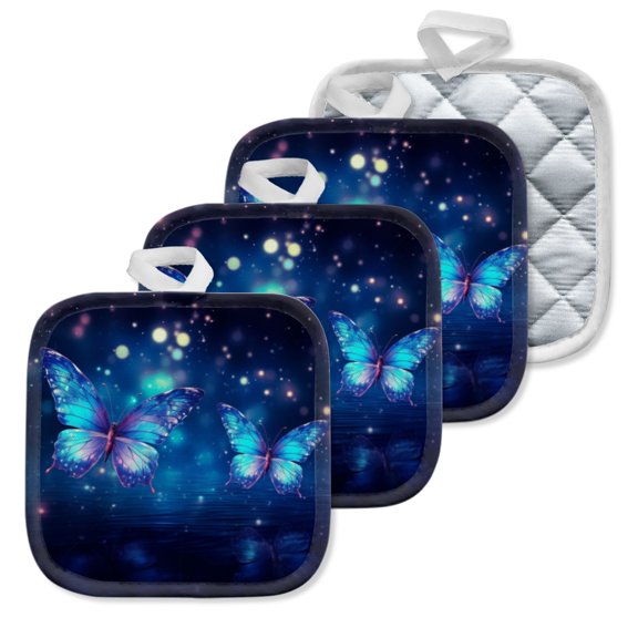4 Pack Pot Holders,Kitchen Essential, Potholder Set,Blue Butterflies Flying Over A Starry Water Background