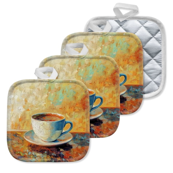 4 Pack Pot Holders,Kitchen Essential, Potholder Set,Blue Coffee Cup In A Thick Stroke Oil Painting