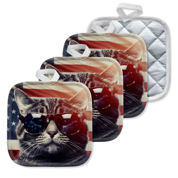 4 Pack Pot Holders,Kitchen Essential, Potholder Set,Cat Wearing Sunglasses With Flag Reflections In The Lenses