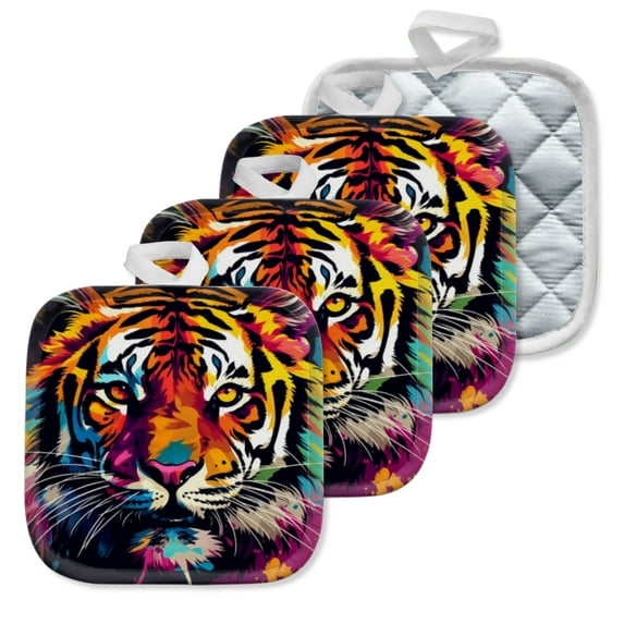4 Pack Pot Holders,Kitchen Essential, Potholder Set,Colorful Tiger Head With Splashing Ink Background