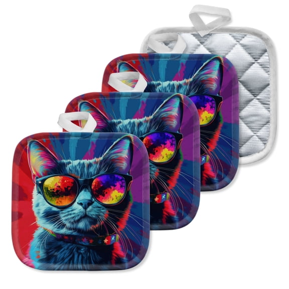 4 Pack Pot Holders,Kitchen Essential, Potholder Set,Cool Cat With Sunglasses In A Color Burst Illustration