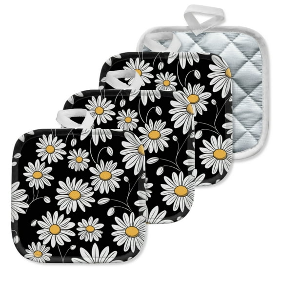 4 Pack Pot Holders,Kitchen Essential, Potholder Set,Daisy Pattern In Black And White