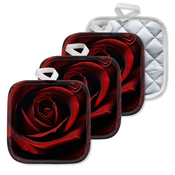 4 Pack Pot Holders,Kitchen Essential, Potholder Set,Deep Red Rose With Exquisite Petals