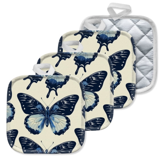 4 Pack Pot Holders,Kitchen Essential, Potholder Set,Exquisite Blue And White Butterfly Pattern