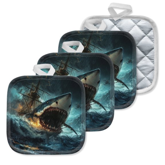 4 Pack Pot Holders,Kitchen Essential, Potholder Set,Giant Shark Attacking A Ship In A Storm