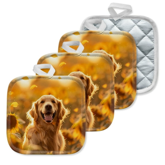4 Pack Pot Holders,Kitchen Essential, Potholder Set,Golden Retriever Smiling In A Sunflower Field