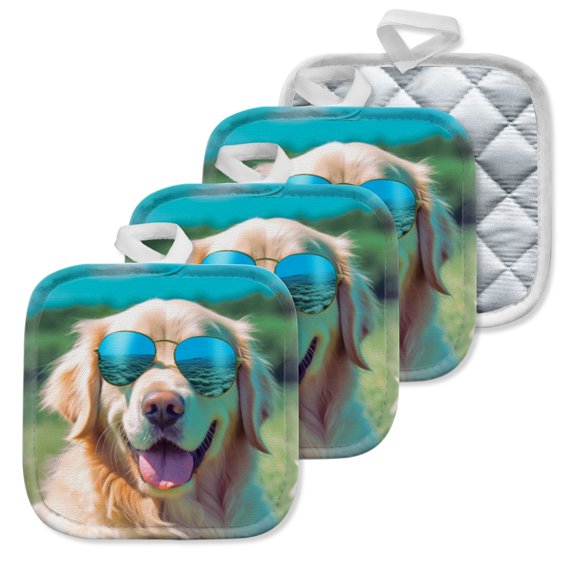 4 Pack Pot Holders,Kitchen Essential, Potholder Set,Golden Retriever With Sunglasses On The Grass