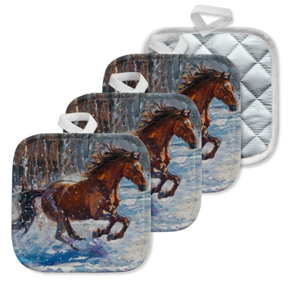 4 Pack Pot Holders,Kitchen Essential, Potholder Set,Horse'S Energetic Stride In The Falling Snow