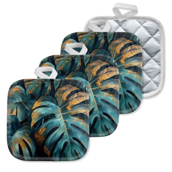 4 Pack Pot Holders,Kitchen Essential, Potholder Set,Majestic Monstera Leaves With Golden Edges