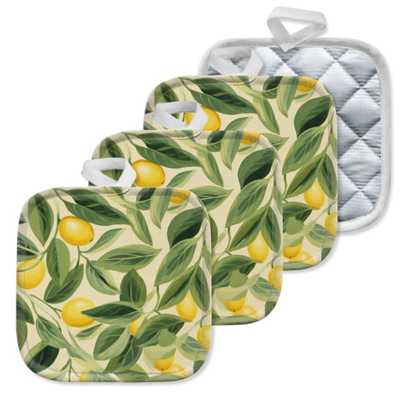 4 Pack Pot Holders,Kitchen Essential, Potholder Set,Pattern Of Lemons And Green Leaves