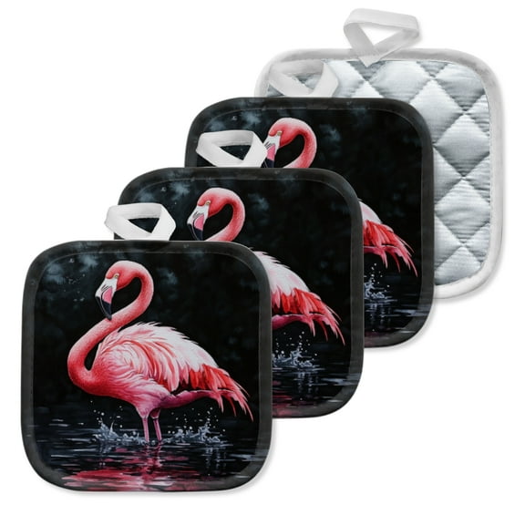 4 Pack Pot Holders,Kitchen Essential, Potholder Set,Pink Flamingo In Water With A Black Background