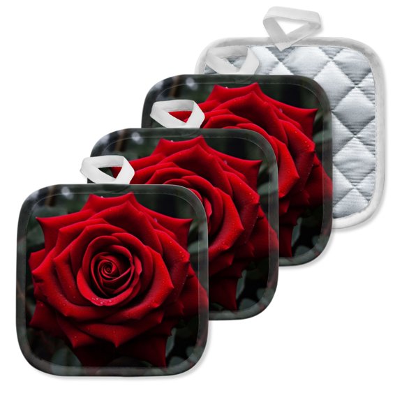 4 Pack Pot Holders,Kitchen Essential, Potholder Set,Red Rose With Dew Drops