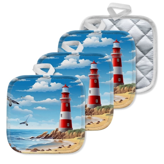 4 Pack Pot Holders,Kitchen Essential, Potholder Set,Seaside Lighthouse With Flying Seagulls
