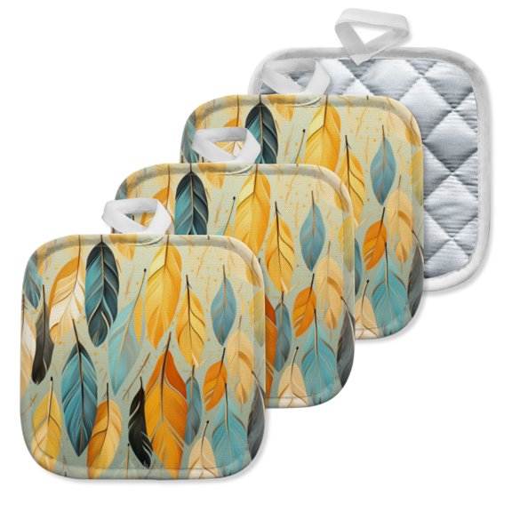 4 Pack Pot Holders,Kitchen Essential, Potholder Set,Soft Colored Feathers Pattern On A Light Background