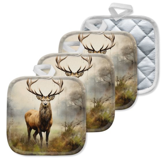 4 Pack Pot Holders,Kitchen Essential, Potholder Set,Stag In A Misty Forest Landscape