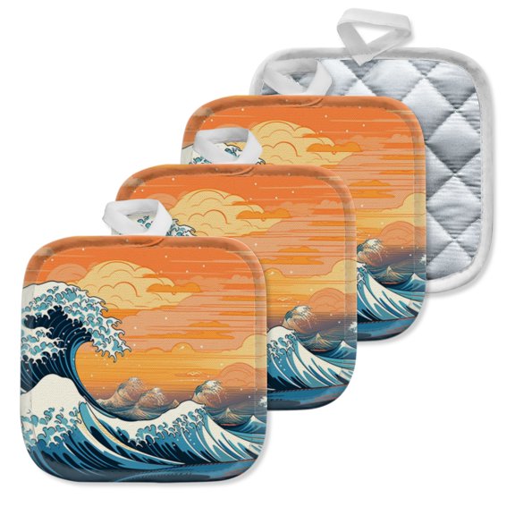 4 Pack Pot Holders,Kitchen Essential, Potholder Set,Stylized Ocean Waves In An Orange Sky Illustration