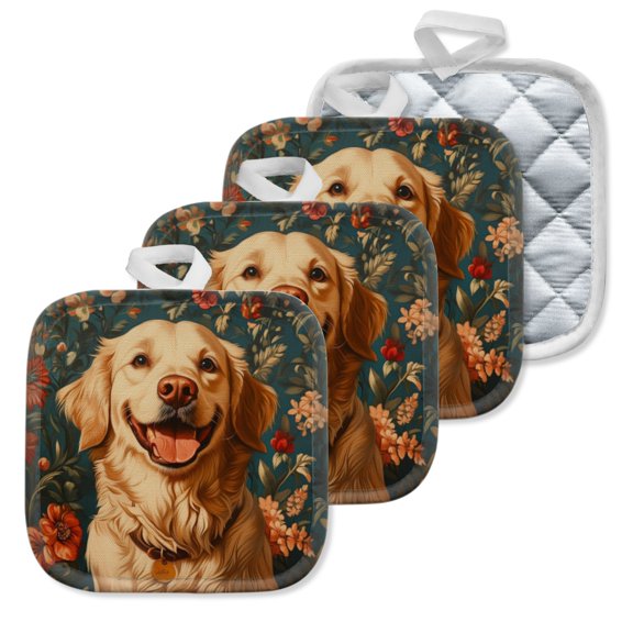 4 Pack Pot Holders,Kitchen Essential, Potholder Set,The Adorable Allure Of A Golden In A Cozy Floral Scene