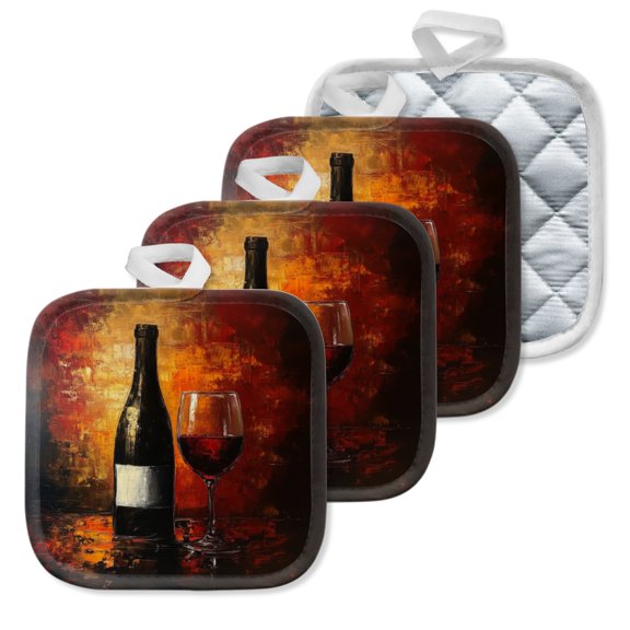 4 Pack Pot Holders,Kitchen Essential, Potholder Set,The Allure Of Wine In A Dramatic, Textured Artwork