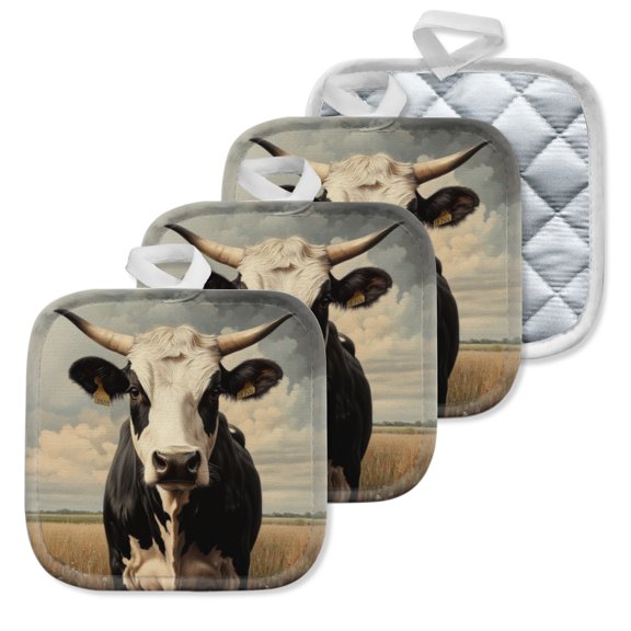 4 Pack Pot Holders,Kitchen Essential, Potholder Set,The Rustic Allure Of A Dairy Cow In A Pastoral Scene