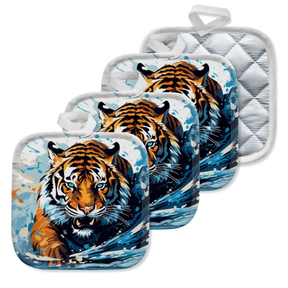 4 Pack Pot Holders,Kitchen Essential, Potholder Set,Tiger Prowling Through Water Splashes