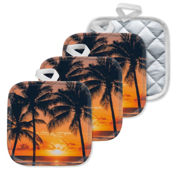 4 Pack Pot Holders,Kitchen Essential, Potholder Set,Tropical Beach Sunset With Palm Tree Silhouettes