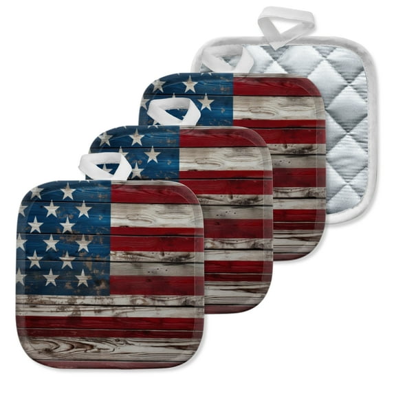 4 Pack Pot Holders,Kitchen Essential, Potholder Set,Vintage Styled American Flag On Weathered Wooden Planks