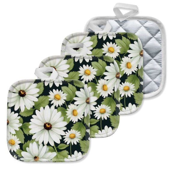 4 Pack Pot Holders,Kitchen Essential, Potholder Set,White Daisy And Green Leaf Pattern