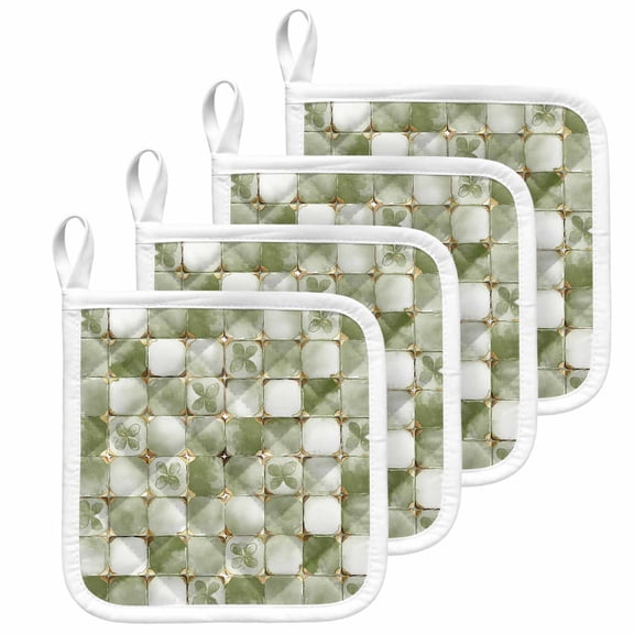 4 Pack Pot Holders for Kitchen Light Green Floral Leaves Hot Pads Heat Resistant Potholders with Hanging Loops Ethnic Style Lattice Oven Pot Holder Pads Set for Countertops Cooking Baking BBQ 8"x8"