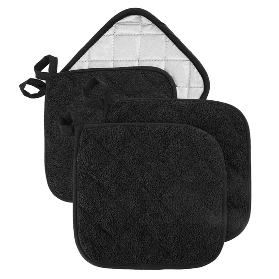 4 Pack Pot Holders for Kitchen Heat Resistant Pot Holders Sets Oven Hot Pads Terry Cloth Pot Holders for Cooking Baking(7"x 7",BLACK)