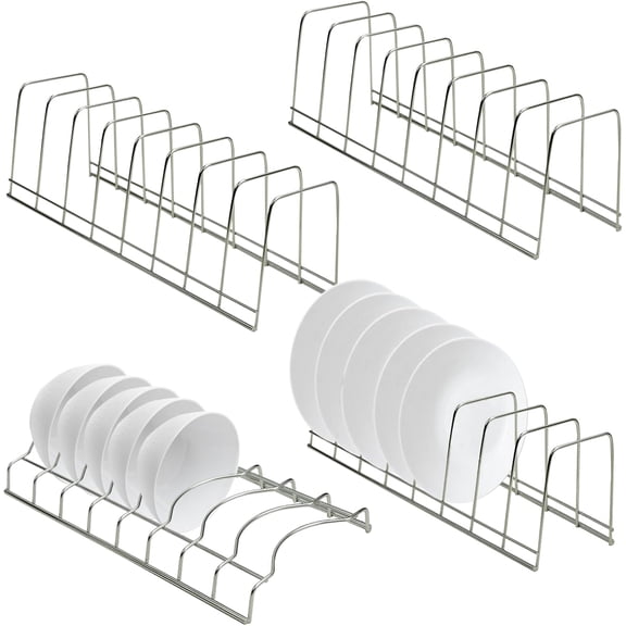 4 Pack Pot Lid Organizer for Cabinet with Plate Drying Rack,Stainless Steel Pot Lid Holder for Kitchen,Small Dish Drainer,Serving Trays Container,Counter Storage Shelf for Pans Pots Cutting Boards