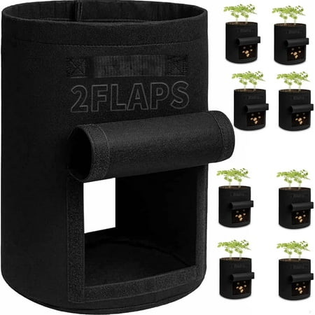 Homyhoo Potato Grow Bags with Flap 10 Gallon, 4 Pack Planter Pot with Handles and Harvest Window for Potato Tomato and Vegetables, Black and Gray