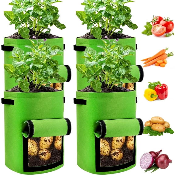 4 Pack Potato Grow Bags 7 Gallon with Flap, Heavy Duty Fabric Grow Bags with Handle and Harvest Window, Non-Woven Planter Pot Plant Garden Bags to Grow Vegetables Potato Tomato, Green