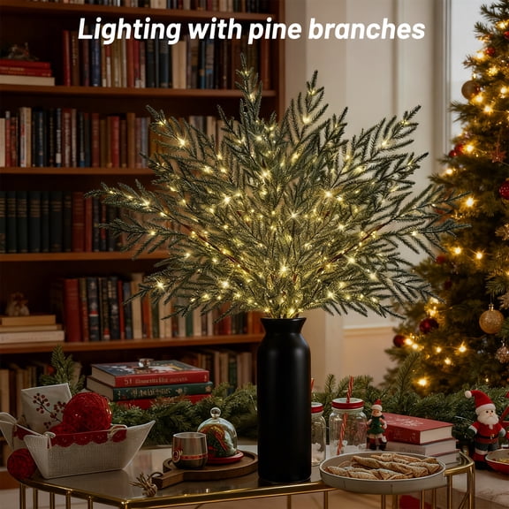 4-Pack Pre-Lit Norfolk Pine Branches, Artificial Lighted Pine Stems with LED Lights, Realistic PVC Needles for DIY Wreaths, Vase Fillers, Christmas Home Decor