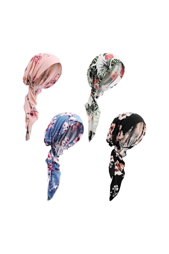 4 Pack Pre Tied Head Scarves for Women Slip On Chemo Turban Hats Headwrap Caps for Cancer Hair Cover